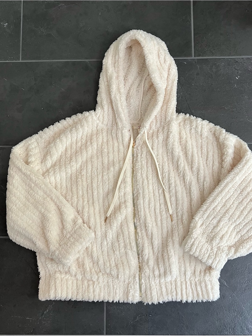 NYC Ivory Cream Soft Teddy Bear Hooded Sherpa Jacket With Gold Zipper 2X